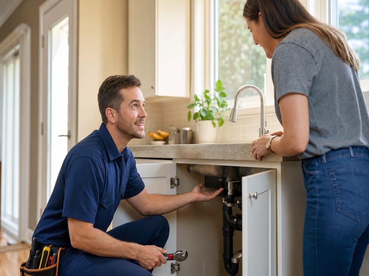 Licensed plumber in DeBary, FL explaining a kitchen sink repair to a homeowner